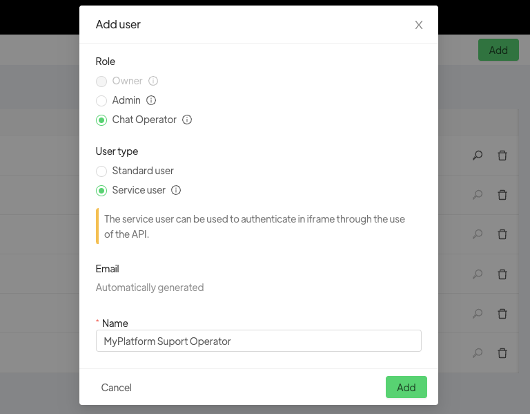 add service user add service user